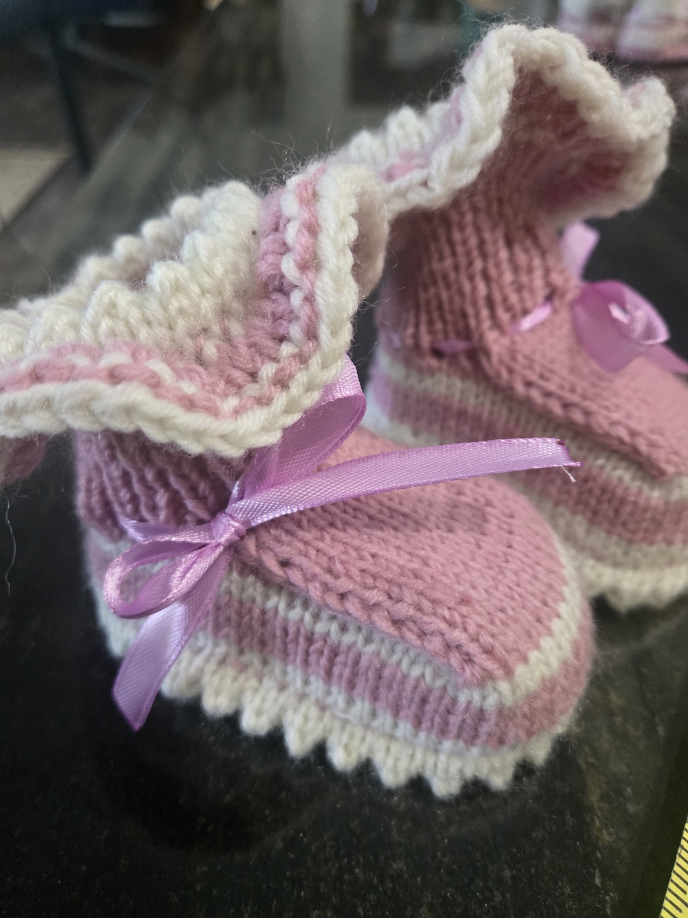 Hand-Knit Baby Booties with Ribbon - Pink and White